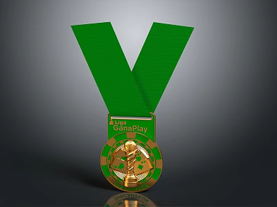 Gold Medal With Green Ribbon Featuring ALP CHINA PLAY Trophy Design And Circular Gold Frame 3d model