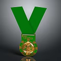 Gold Medal With Green Ribbon Featuring ALP CHINA PLAY Trophy Design And Circular Gold Frame