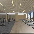 Modern Gym Interior With Spacious Fitness Area Treadmills Exercise Machines Wooden Ceiling And Large Windows