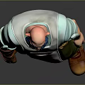 Cartoon Craftsman With Blue Beard Green Shirt White Apron Arm Guards Tool Belt Brown Boots