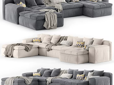 Modern Sectional Sofa With Gray Beige Pillows And Blankets For Cozy Living Room 3d model