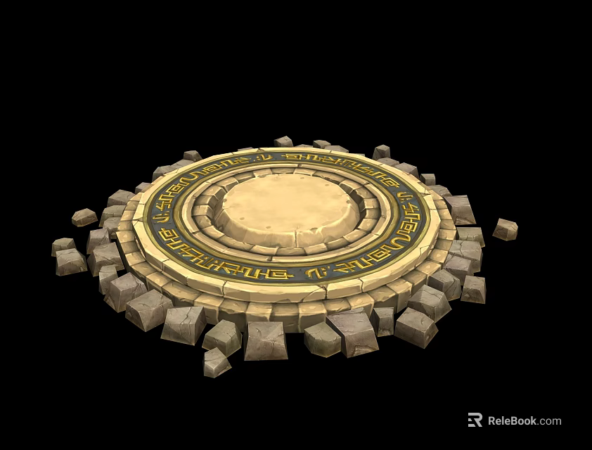 Ancient Circular Stone Platform With Central Disc Golden Patterns And Surrounding Stone Blocks Featuring INSULA 3d model 