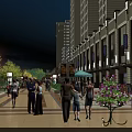 Bustling Evening Commercial Street with Pedestrians Tall Buildings Lit Shopfronts and Flower Arrangements