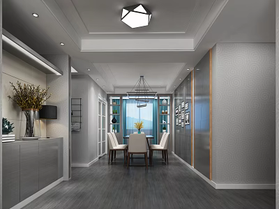 Modern Restaurant Dining Space With Chandelier Table Chairs Textured Walls And Wooden Floor 3d model