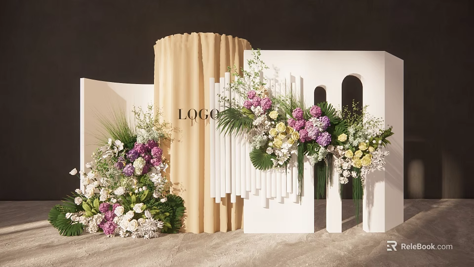 Elegant Floral Backdrop With Beige Curtain White Panels And Purple Yellow White Blooms 3d model 