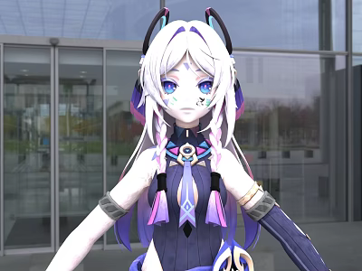 Anime Woman With White Long Hair Blue Eyes Purple Black Outfit In Modern Glass Building 3d model