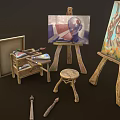 Wooden Artist Painting Supplies With Easels Canvas Brushes Paints And Stools