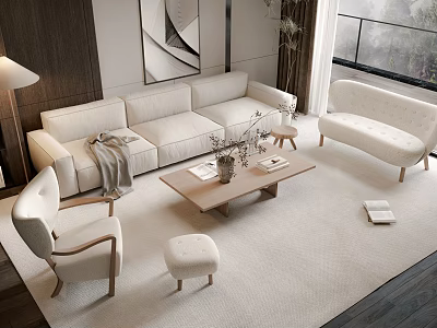 Modern Sofa And Coffee Table Set In Living Room With White Sofa Wooden Table Armchair And Ottoman 3d model