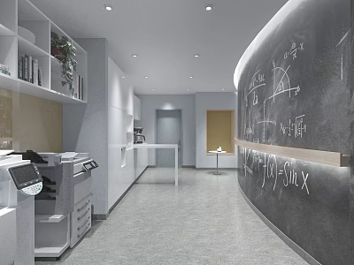 Modern Break Room Interior With White Cabinets Bookshelves Potted Plant Coffee Machine And Chalkboard Wall 3d model