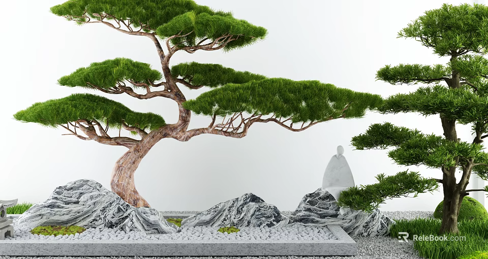 Courtyard Garden Design With Unique Pine Tree Rockery Stones And White Stone Statue 3d model 