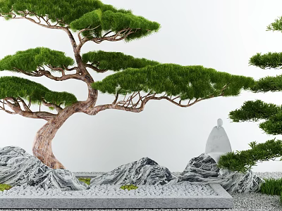 Courtyard Garden Design With Unique Pine Tree Rockery Stones And White Stone Statue 3d model