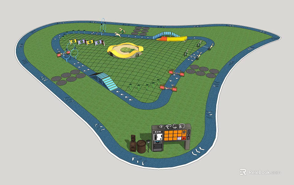 Outdoor Kids Playground Design With Green Lawn Grid Area Yellow Slide Blue Path And Swings 3d model 