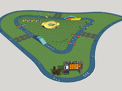 Outdoor Kids Playground Design With Green Lawn Grid Area Yellow Slide Blue Path And Swings 3d model