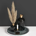 Elegant Decorative Ornament Set With Black Glass Vases Golden Rims Pampas Grass And White Candle