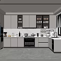 Modern Kitchen Interior Design With Gray Cabinets Built-in Appliances And Overhead Lighting