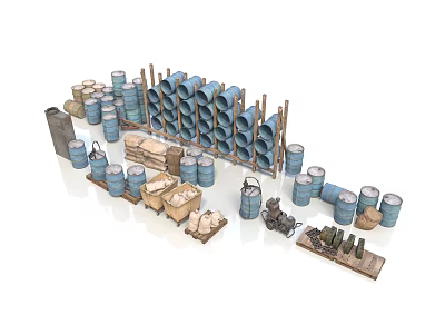 Assorted Blue Gray Barrels Wooden Crates Metal Cans Tools and Bottles on Storage Shelf 3d model