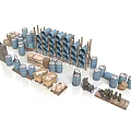 Assorted Blue Gray Barrels Wooden Crates Metal Cans Tools and Bottles on Storage Shelf