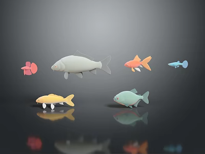 Colorful Various Shapes Fish Decorative Figures With Reflections On Dark Background 3d model