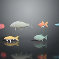 Colorful Various Shapes Fish Decorative Figures With Reflections On Dark Background