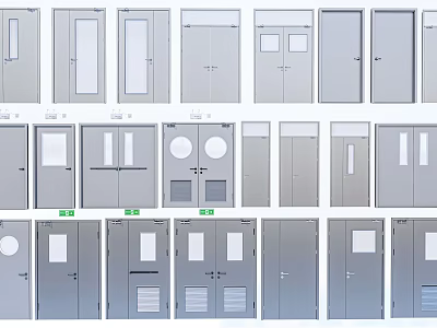 Various Types Of Metal Doors With Different Panel And Glass Window Designs 3d model
