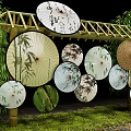 Window Display with Bamboo Frame Various Decorative Umbrellas Bamboo Patterns and Green Plants 3d model