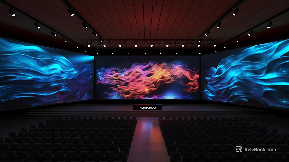 Large Stage With Three Screens Displaying Colorful Flowing Patterns And Auditorium Seats 3d model 
