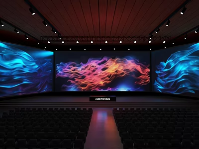 Large Stage With Three Screens Displaying Colorful Flowing Patterns And Auditorium Seats 3d model
