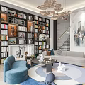 Modern Duplex Living Room With Bookcase Sofa Round Rug And Chandelier