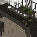 Rustic Wooden Tea Table and Chairs with Tea Set Green Plant and Pine Cones