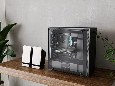 Black Computer Case On Wooden Shelf With Two White Speakers Green Plants And Gray Wall 3d model