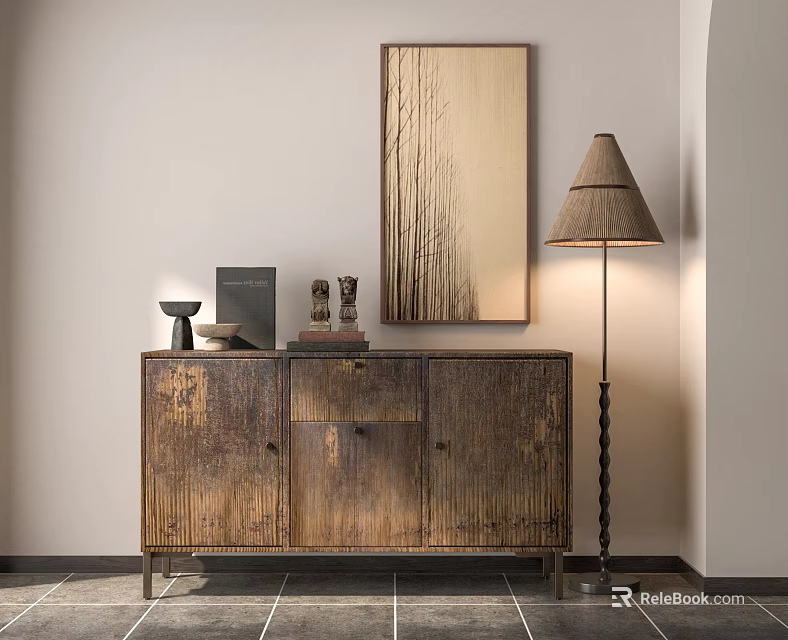Rustic Wooden Bookcase In Room Interior With Decorative Items Floor Lamp And Wall Art 3d model 