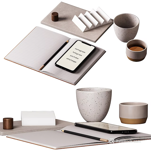 Modern Desk Decorative Accessories Set With Notebook Pen Mug And Storage Blocks 3d model 