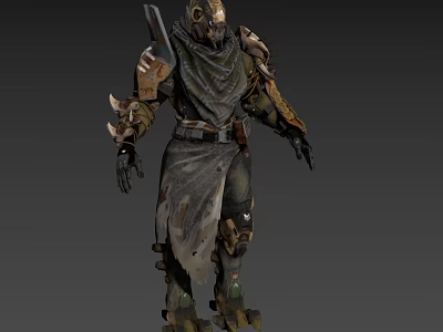 Hooded Post Apocalyptic Game and Movie Character With Tattered Armor Mechanical Details and Weapon 3d model