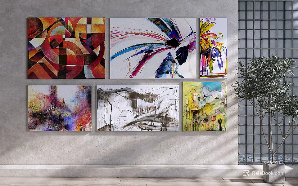Abstract Paintings on Wall with Colorful Styles Diverse Designs Modern Art 3d model 