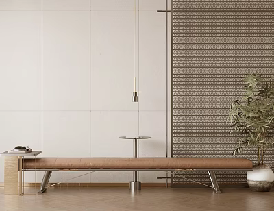 Brown Upholstered Sofa Bench with Metal Legs in Beige Wall and Wooden Floor with Small Side Table and Plant 3d model