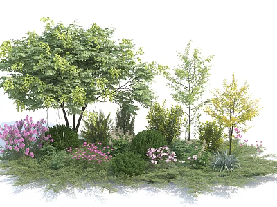 Diverse Ornamental Trees In Garden Landscape Featuring Green Yellow Foliage And Pink White Flowers 3d model