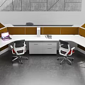 Modern Office Desk with Orange Desktop White Cabinets Ergonomic Chairs and Grey Geometric Wall