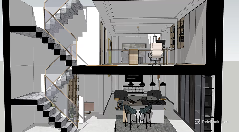 Modern Lounge Area Interior Design With Open Layout Staircase And Seating 3d model