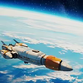 Cosmic Spaceship Flying Above Earth In Outer Space With Starry Sky