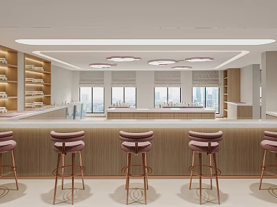 Modern Bar Interior With High Stools Large Windows Wooden Counter And Shelves 3d model