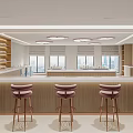 Modern Bar Interior With High Stools Large Windows Wooden Counter And Shelves