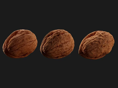 Three Whole Walnuts With Natural Shell Texture On Black Background 3d model