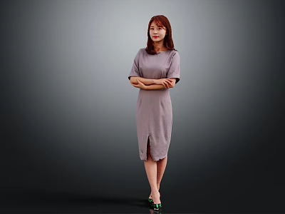 Woman In Light Purple Dress Standing With Arms Crossed On Gray Background Wearing Green Shoes 3d model