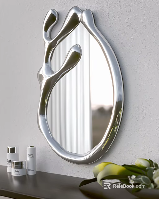 Modern Silver Curved Mirror Wall Mounted With Skincare Bottles 3d model 