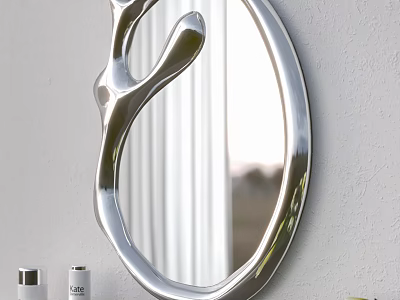 Modern Silver Curved Mirror Wall Mounted With Skincare Bottles 3d model