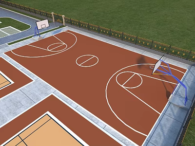 Basketball Court with Brown Surface White Lines and Two Hoops Surrounded by Green Grass Fence 3d model