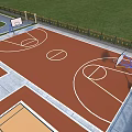 Basketball Court with Brown Surface White Lines and Two Hoops Surrounded by Green Grass Fence