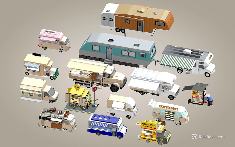Various Types Of Functional Utility Vehicles Like Food Trucks Caravans And Mobile Vending Carts 3d model 