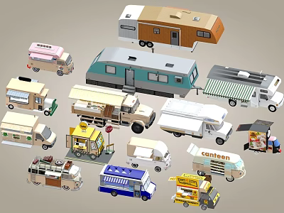 Various Types Of Functional Utility Vehicles Like Food Trucks Caravans And Mobile Vending Carts 3d model