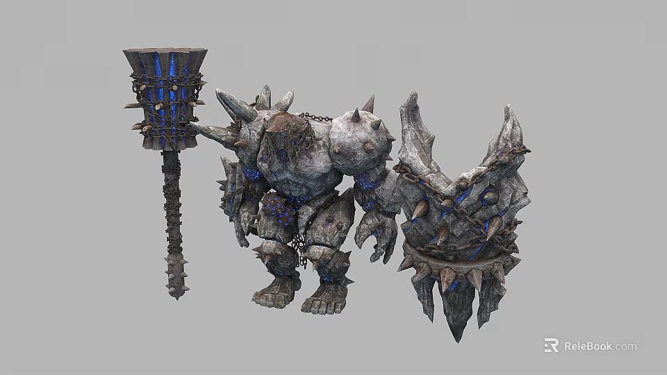 Stone Golem Game Fantasy Character With Spiked Armor Hammer And Blue Glowing Runes 3d model 